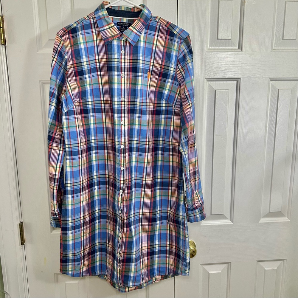Polo Preppy Plaid Button Down Shirt Dress Long Sleeve Size Large